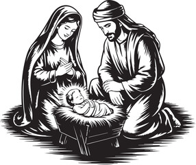 Holy Family Nativity Woodcut Illustration 
