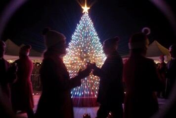 Festive outdoor holiday celebration with illuminated christmas tree and cheerful crowd anticipation