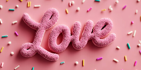 Pink Cursive LOVE Word Made of Sugar Sprinkles Surrounded by Colorful Candy Sprinkles