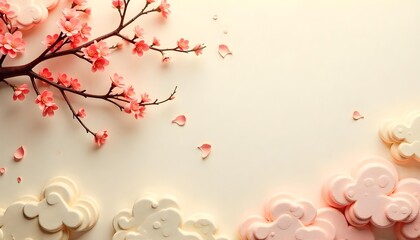 Cherry blossom tree and clouds against a white backdrop, evoking themes of renewal for the Lunar New Year