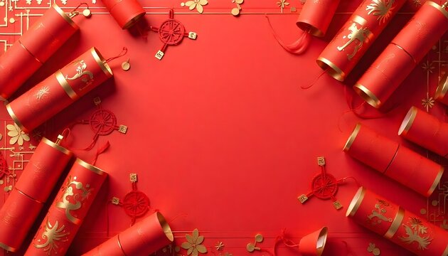 Decorative red paper rolls with gold embellishments on a red background, highlighting the auspiciousness of the New Year