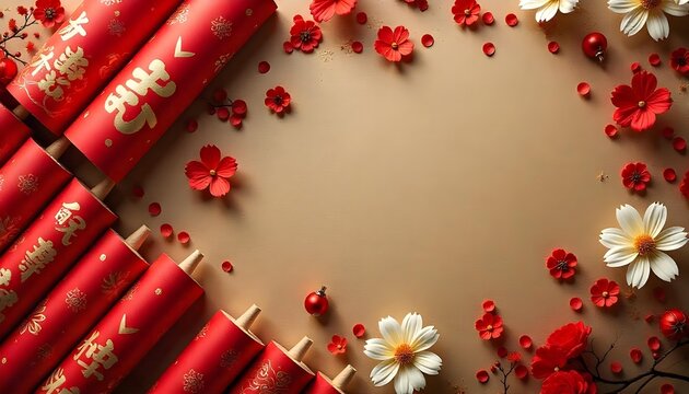 Chinese New Year red paper rolls featuring gold accents on a rich red background, representing tradition and prosperity - Powered by Adobe