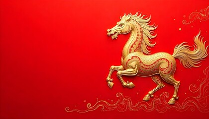 Obraz premium A striking gold horse against a red backdrop, representing good fortune and the Year of the Horse in Chinese culture