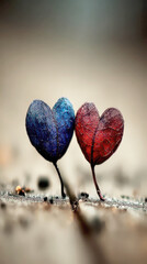 Macro Close-up of Two Heart-Shaped Seedlings, One Blue and One Red, Sprouting from the Ground