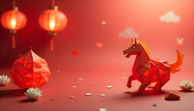 Chinese New Year paper art featuring a horse silhouette surrounded by red lanterns and auspicious clouds on a vibrant red background