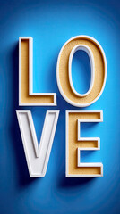 Striking LOVE Word with Gold and White 3D Letters on a Vibrant Blue Textured Background