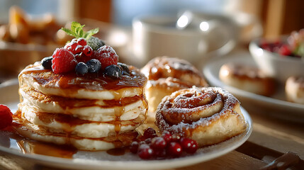 Christmas Pancakes with Berries and Syrup, Festive Pancakes with Berries, Holiday Breakfast with Syrup