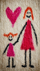 Child's Crayon Drawing of Mother and Daughter Holding Hands with a Pink Heart on Brown Paper
