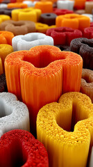 Vertical Close-up of Vibrant Textured Letter O Shapes in Red, Yellow, Orange, and White Colors