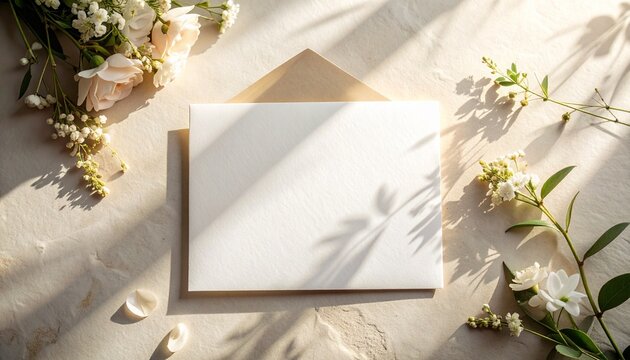 Romantic Wedding Invitation Card Mockup with Floral Accents and Soft Shadows