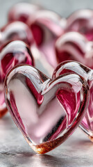 Close-up of Sparkling Pink Glass Hearts with Bokeh Background Reflection