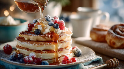 Christmas Pancakes with Berries and Syrup, Festive Pancakes with Berries, Holiday Breakfast with Syrup