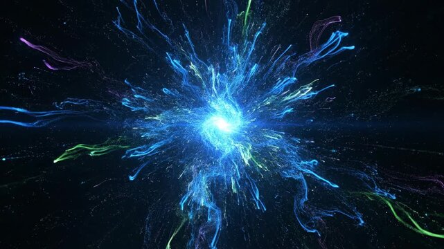 A vibrant burst of fireworks illuminates the black night sky and deep space with a glowing fractal pattern and bright motion energy, creating a colorful galaxy illustration where stars shine and flash