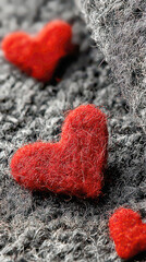 Close-up of Fluffy Red Fiber Hearts on a Textured Gray Wool or Felt Background