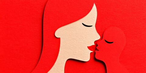 Stylized Paper Cutout Mother and Child Kissing Portrait on Red Textured Background