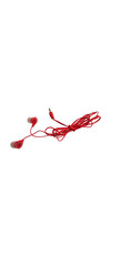 A pair of vibrant red wired earphones featuring soft silicone earbuds and a standard 3.5mm audio jack. The lightweight cable design a