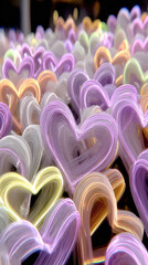 Field of Neon Glowing Heart Shapes in Pastel Purple, Yellow, and White Light Trails
