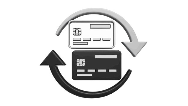 Vector illustration of two credit card icons with circular arrow indicating payment exchange or transaction process isolated on transparent background 