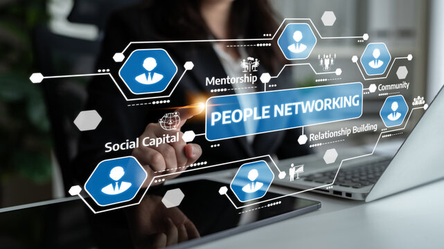 A professional woman utilizes digital tools for effective people networking. Icons illustrate mentorship, community, and relationship building, symbolizing growth in the modern workplace. Tessel
