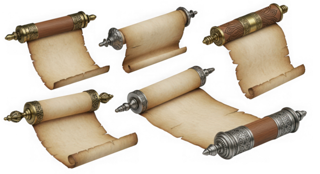 Collection of old paper scrolls isolated on transparent background