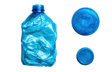 Crushed light blue plastic bottle and two cap views