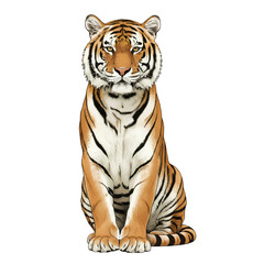 Fototapeta premium Majestic Tiger in Repose: A regal tiger, its stripes a testament to nature's artistry, sits with unwavering poise. Its gaze is a window to the wild, while its form embodies strength and grace.