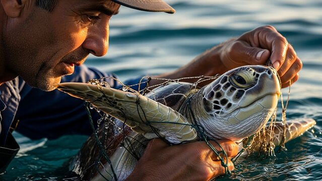 Rescuer helping a sea turtle tangled in fishing net. - Powered by Adobe