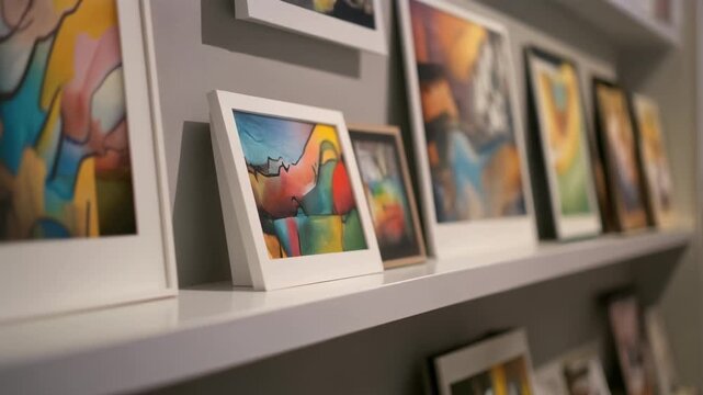 A close-up view of various colorful abstract artworks displayed in frames on a white shelf in an art gallery.