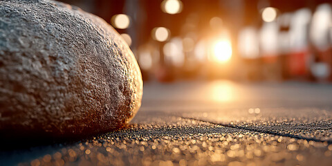 Close-up of gym medicine ball on textured floor with sunset light flare
