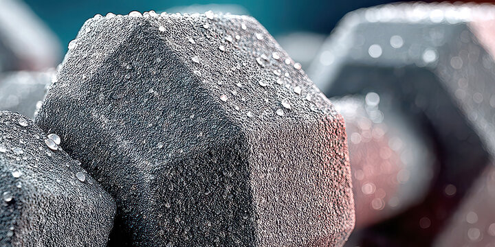 Close-up of wet, textured dumbbells for fitness and workout motivation