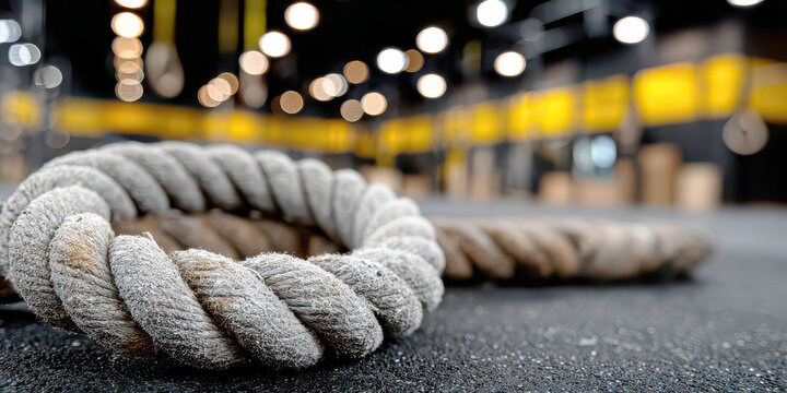 Heavy battle rope coiled on gym floor for intense strength training workout