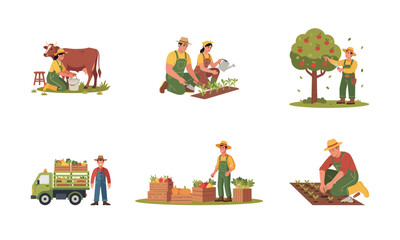 Naklejka premium Detailed Flat Farming and Agriculture Scene with Farmers Illustration Set