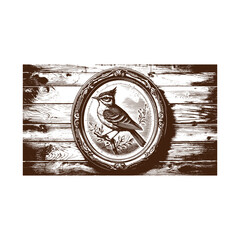 Vintage bird illustration in frame on wooden background isolated on