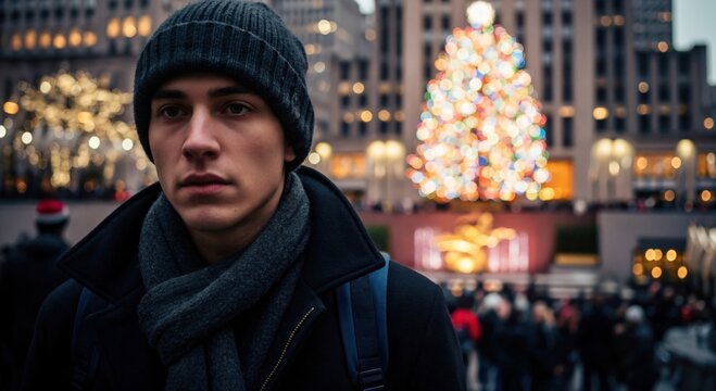 Young Caucasian man in winter hat and scarf looking contemplative in a festive city square with a blurred Christmas tree and crowd in the background