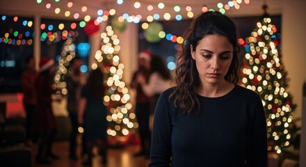Melancholic young adult woman feeling isolated and sad at a festive Christmas holiday party with blurred people and bright lights in the background