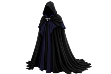 Dramatic black and purple hooded cape isolated on transparent background for fantasy roleplay