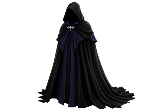 Dramatic black and purple hooded cape isolated on transparent background for fantasy roleplay