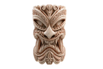 Intricate tribal face carving, neutral hue, detailed