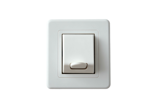 Isolated, white, modern light switch on black background