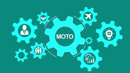 Cyan gears with business icons representing teamwork innovation and growth on a teal background - Powered by Adobe