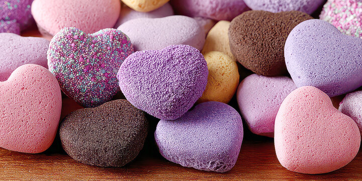 Pile of pastel colored conversation heart candies for Valentine's Day on wooden surface
