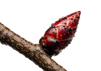 Vibrant red bud covered in shimmering water droplets, perched on a textured branch, a symbol of growth and renewal against a stark backdrop