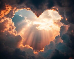 Dramatic sky forming heart shape with sunrays