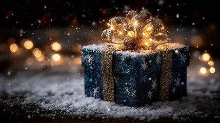 Snowy Christmas Gift with Lights, Sparkling Christmas Present in Snow, Magical Snowy Gift Box