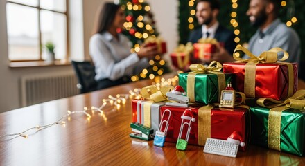 Close-up of festive Christmas gifts and miniature office supplies on a wooden table, with diverse colleagues exchanging presents in a decorated office background.