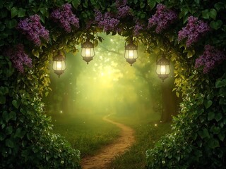 Enchanted Forest Path with Lilac and Lanterns