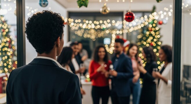 Rear view of a young professional woman with curly hair observing a diverse group of colleagues celebrating a festive holiday party in a decorated office setting.