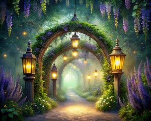 Enchanted garden path with vintage lanterns and floral arches