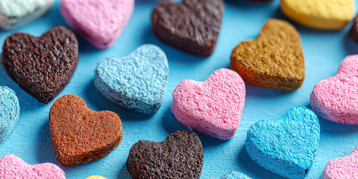 Assorted pastel conversation heart candies scattered on a textured light blue background - Powered by Adobe