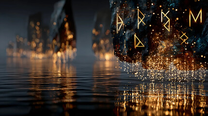 Mystical Symbols on Water, Golden Symbols Floating on Water, Magical Symbols Reflecting on Water